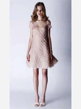 Sheer Polka Dot Short Sleeve Dress - Nude Pink